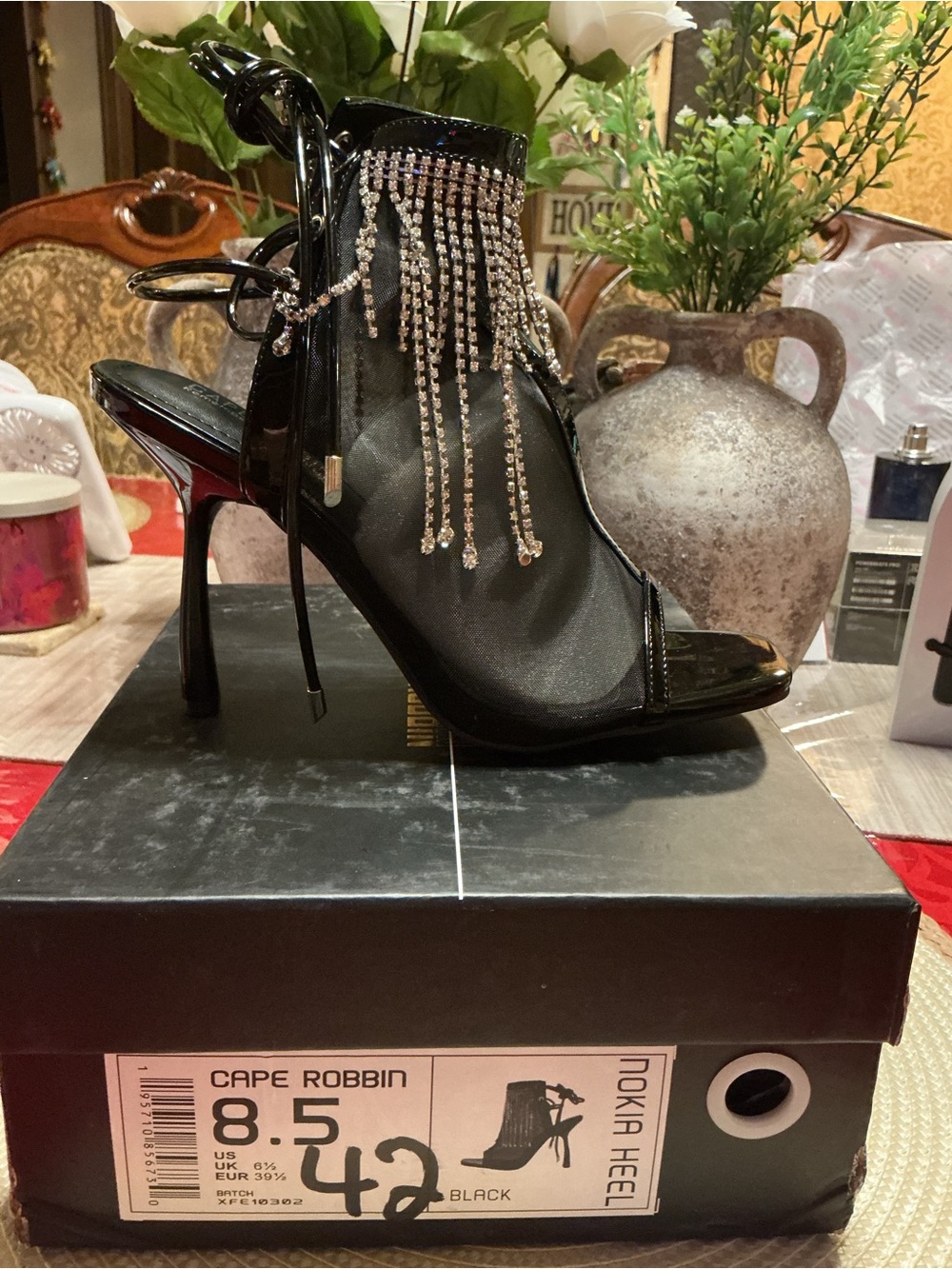 Cape Robbin Black Rhinestone Fringe Stiletto Heel Sandals